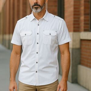 paper denim & cloth Men’s Short Sleeve Casual Cotton White Shirt Size Medium